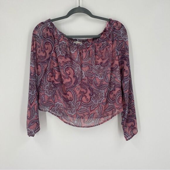 Love Fire Women’s Off the Shoulder Paisley Print Long Sleeve Cropped Blouse S - Picture 1 of 3